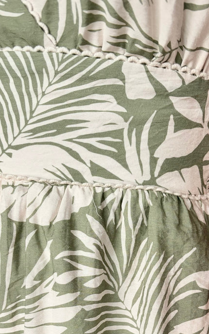 Lightweight rayon‑blend fabric with soft dusty sage palm tree print.