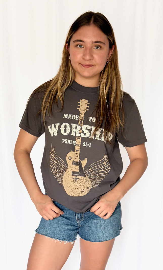 Gray Made to Worship Christian graphic t-shirt