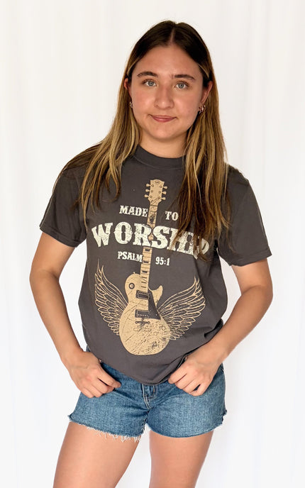 Gray Made to Worship Christian graphic t-shirt