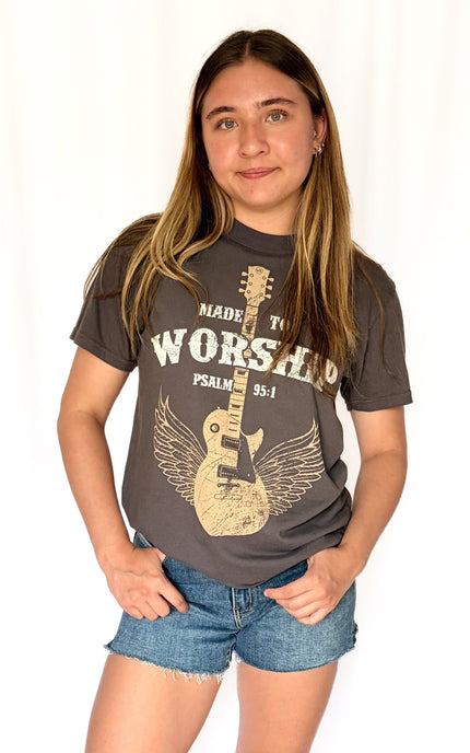 Front view of Made to Worship faith graphic tee