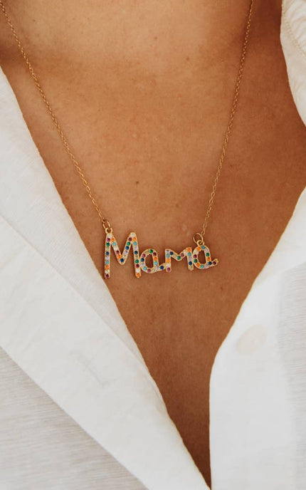Mama Pendant Necklace — gold-plated necklace with multicolored zircon crystals, ethically made by survivors from Justyna Grace Boutique.