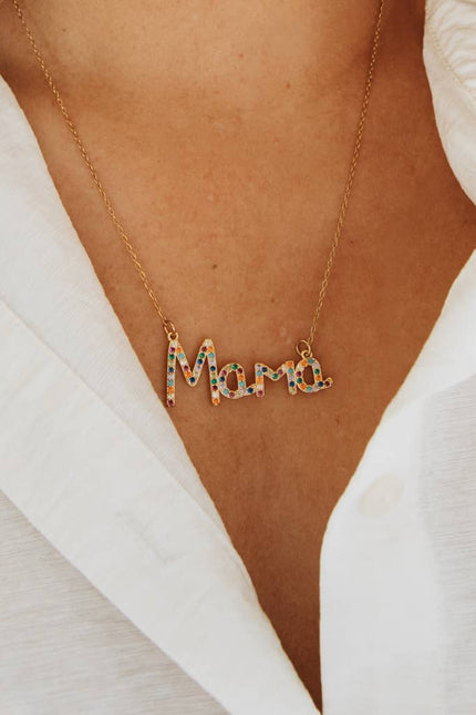 Mama Pendant Necklace — gold-plated necklace with multicolored zircon crystals, ethically made by survivors from Justyna Grace Boutique.