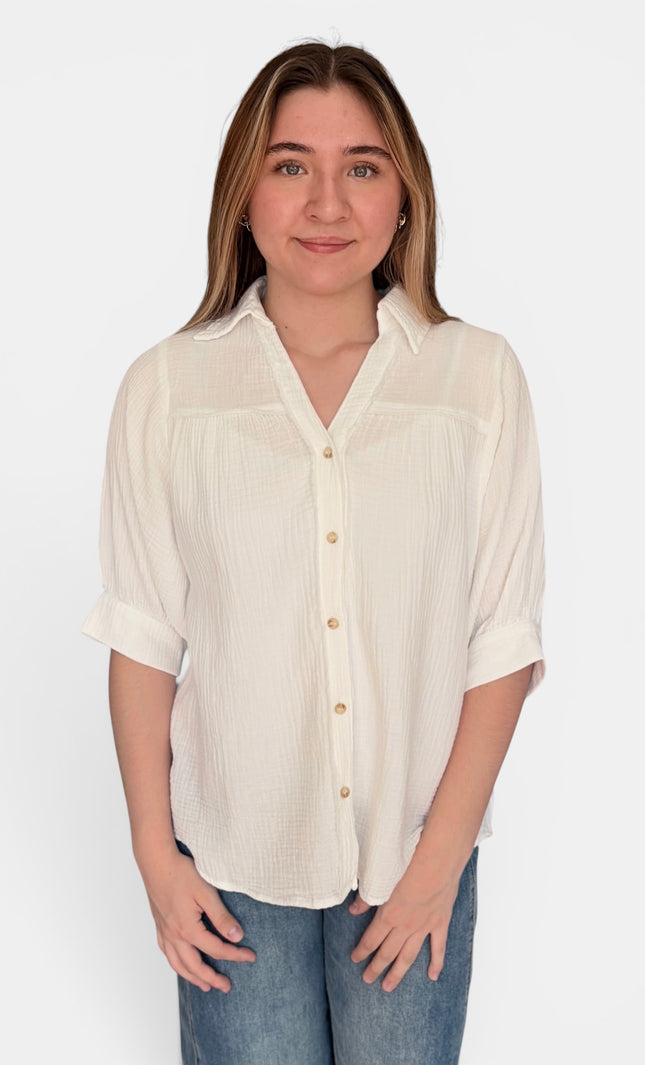 Cotton gauze button-down shirt with relaxed fit