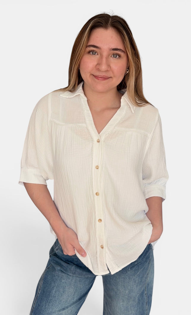 Women's mineral wash cotton gauze button-up shirt