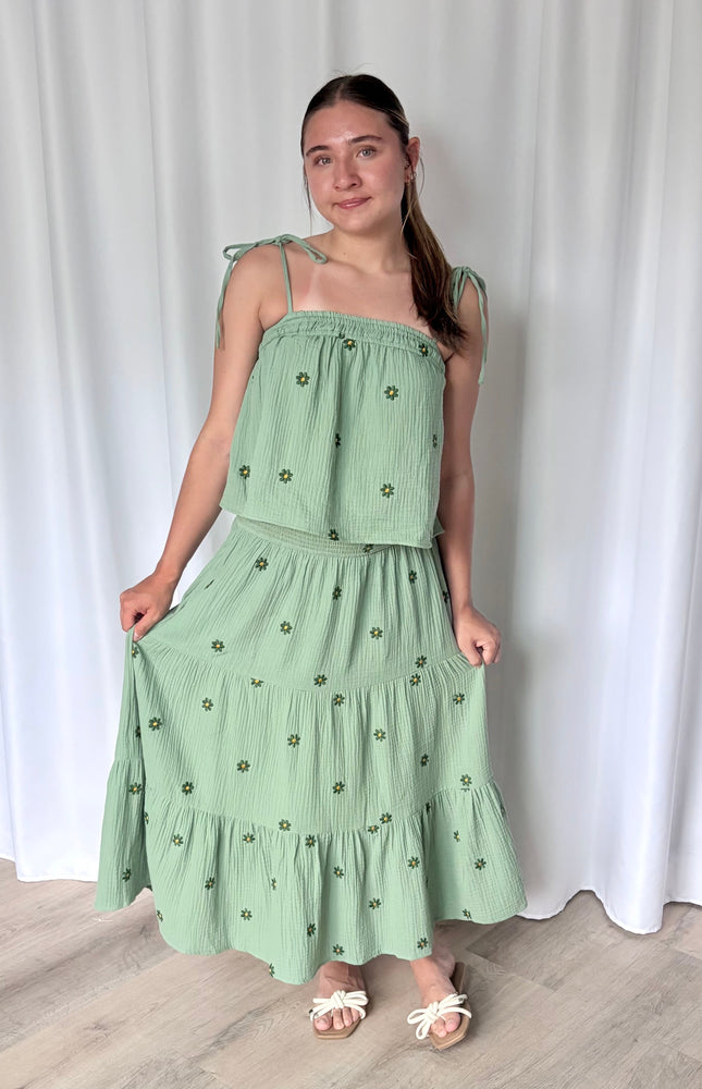Floral embroidered double gauze cotton matching set featuring tie-shoulder tank and tiered midi skirt in a breezy, romantic silhouette