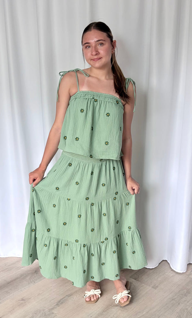 Floral embroidered double gauze cotton matching set featuring tie-shoulder tank and tiered midi skirt in a breezy, romantic silhouette