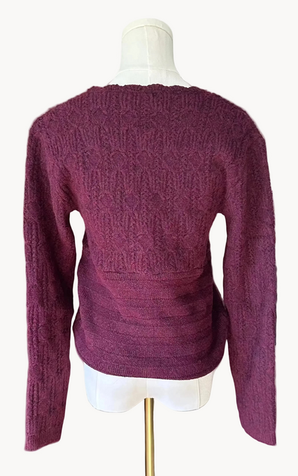 Merlot plum v-neck button down sweater top on mannequin - textured feminine knit from Justyna Grace Boutique