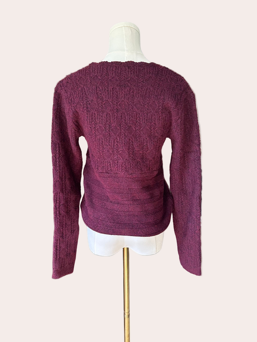 Merlot plum v-neck button down sweater top on mannequin - textured feminine knit from Justyna Grace Boutique