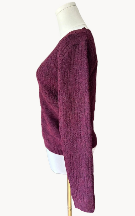 Merlot plum v-neck button down sweater top on mannequin - textured feminine knit from Justyna Grace Boutique