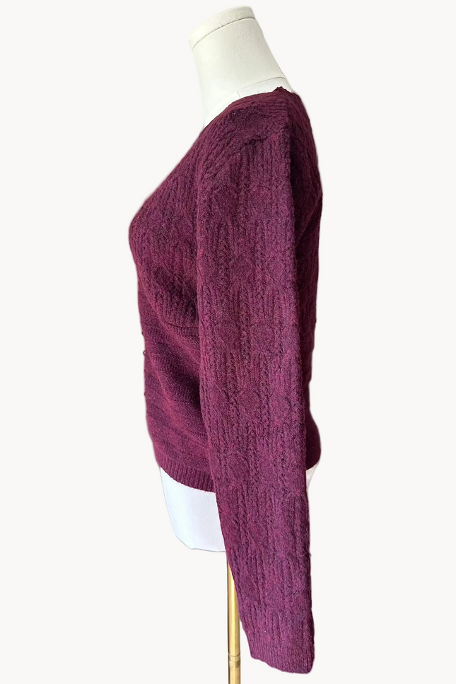Merlot plum v-neck button down sweater top on mannequin - textured feminine knit from Justyna Grace Boutique