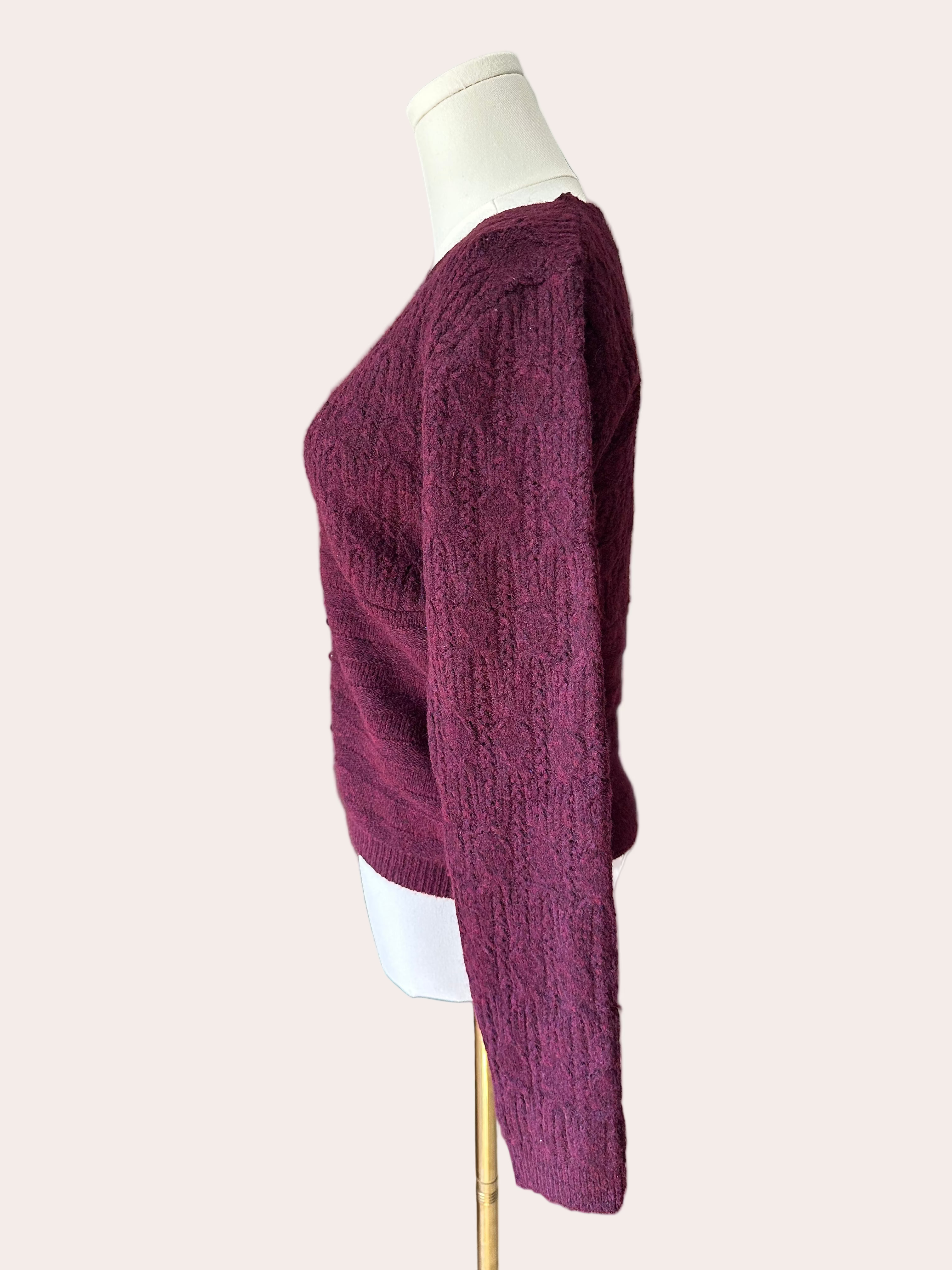 Merlot plum v-neck button down sweater top on mannequin - textured feminine knit from Justyna Grace Boutique