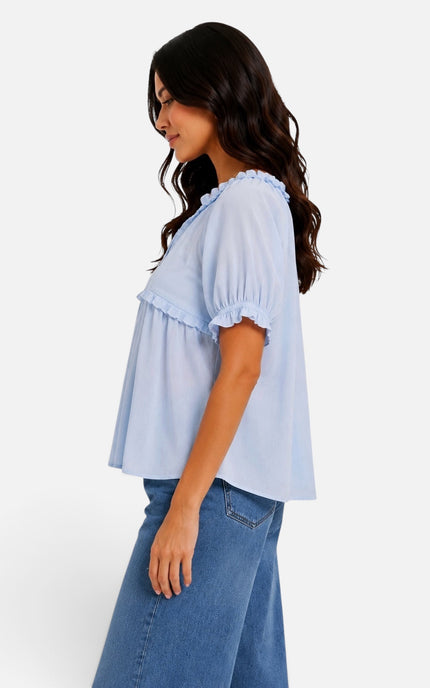 A woman wearing a light blue short-sleeve blouse with ruffled trim and blue jeans, shown in profile against a plain white studio background.