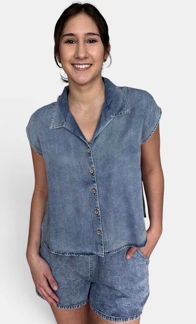 Blue Tencel sleeveless blouse front view