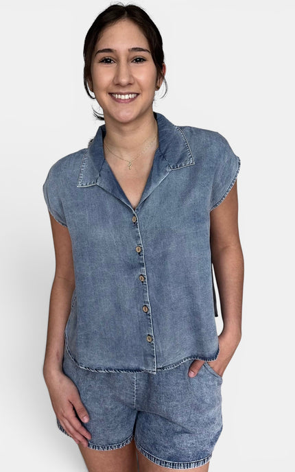 Blue Tencel sleeveless blouse front view