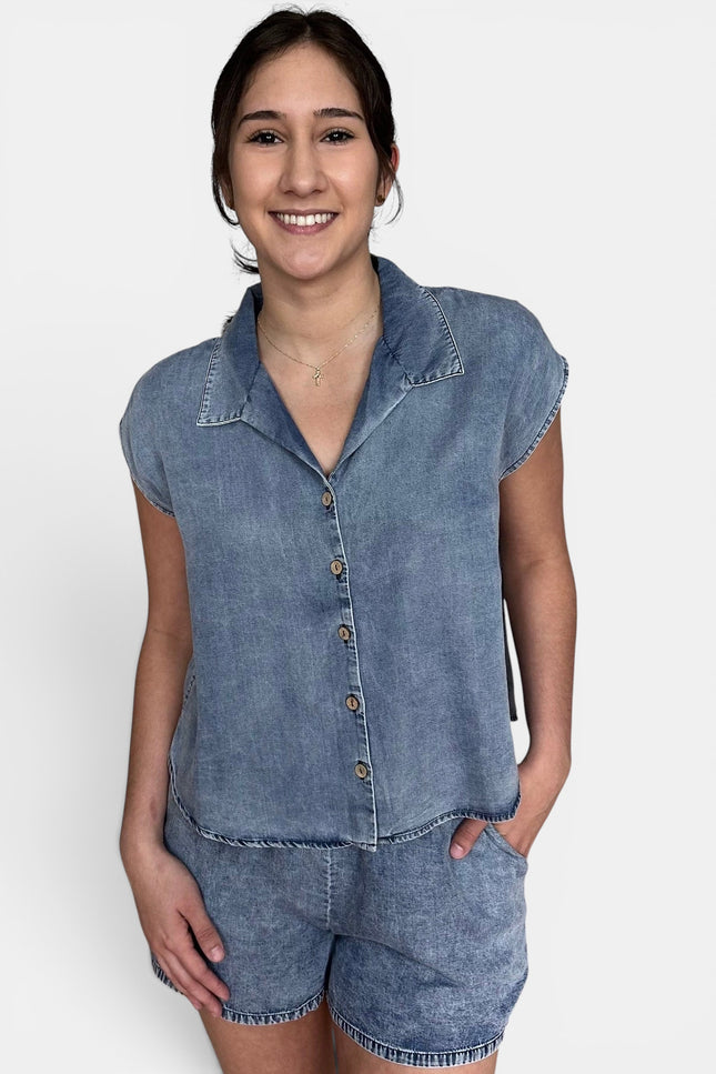 Blue Tencel sleeveless blouse front view
