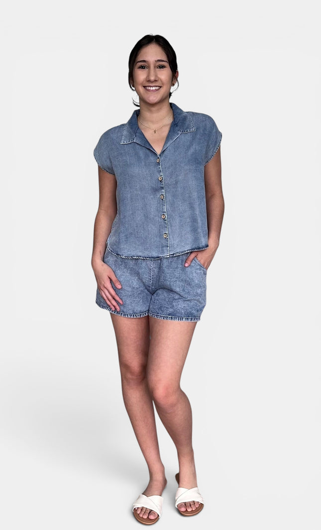 Blue Tencel button-down top front view