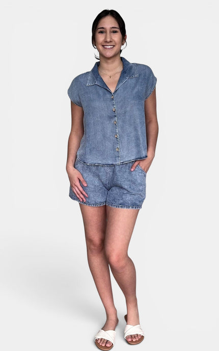 Blue Tencel button-down top front view
