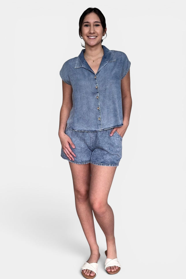 Blue Tencel button-down top front view