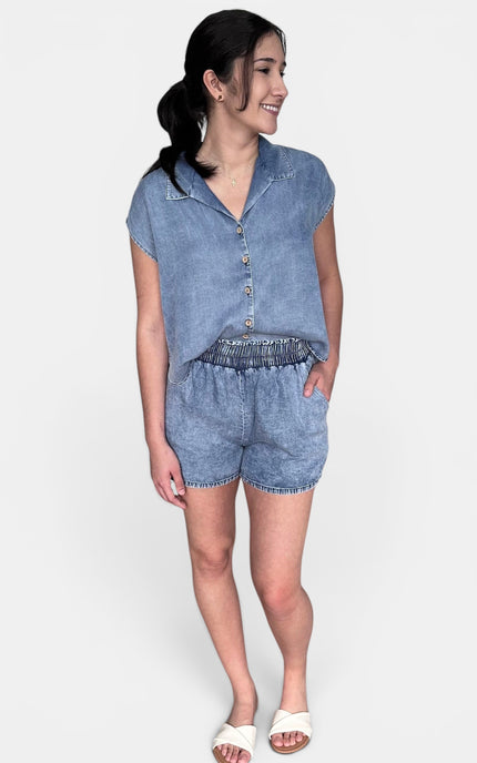 Blue Tencel blouse on model