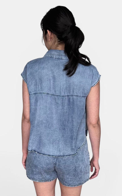 Blue Tencel sleeveless blouse back view