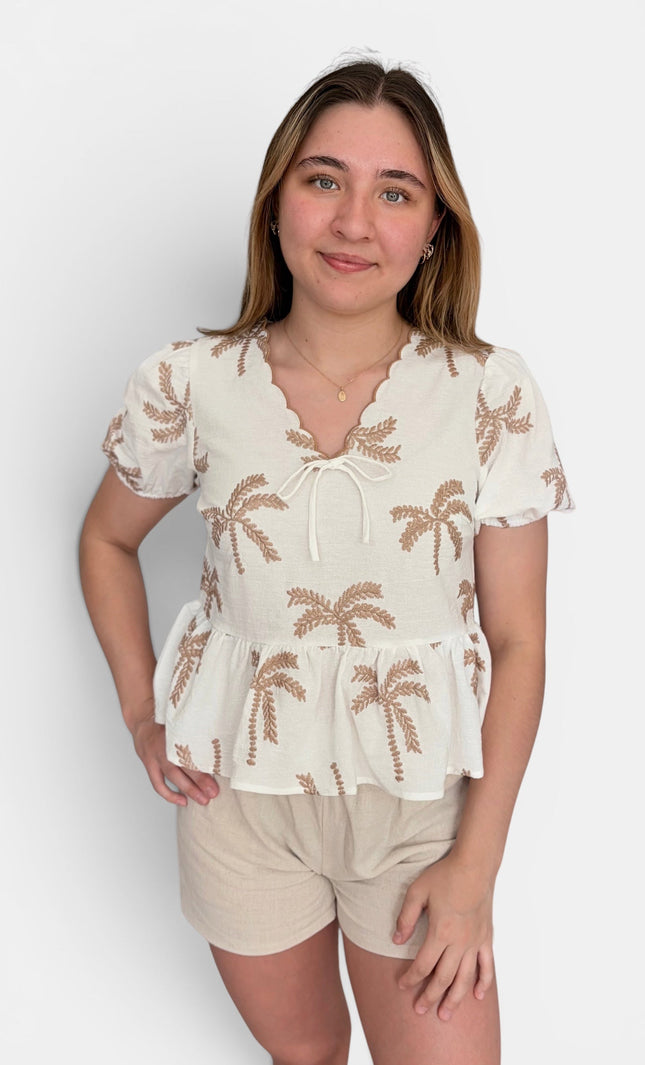 Cotton gauze babydoll blouse with palm embroidery