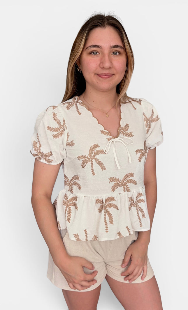 Women's cotton gauze blouse with embroidered palm trees