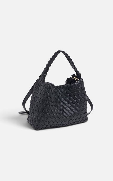 A black woven leather shoulder bag with braided handles and a small gold-tone logo charm, photographed on a clean light gray background.