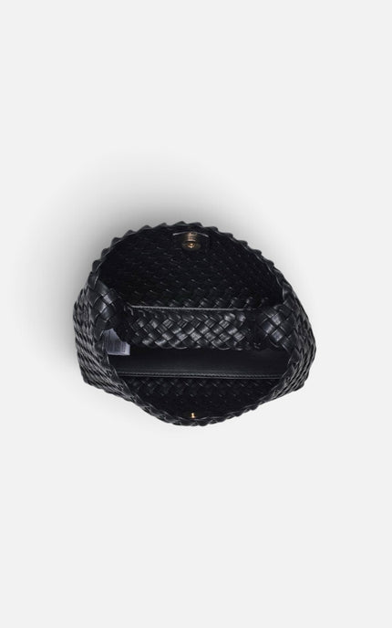A black woven leather handbag shown from a top-down view on a light gray background.