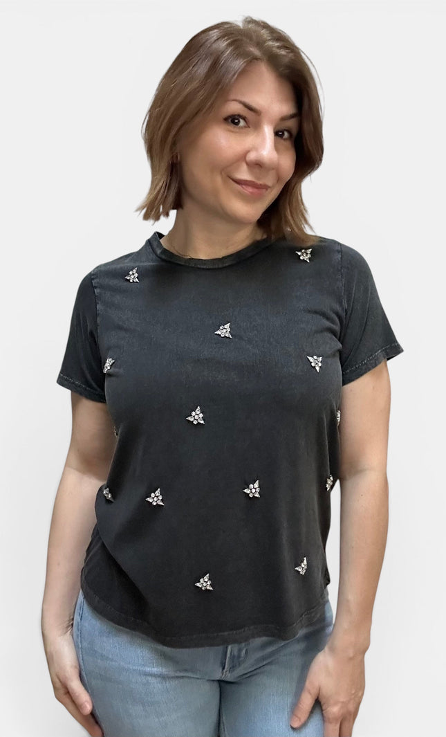 Black cotton T-shirt with scattered rhinestone embellishments and a classic crew neckline.