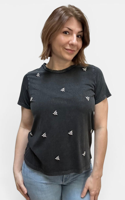 Black cotton T-shirt with scattered rhinestone embellishments and a classic crew neckline.