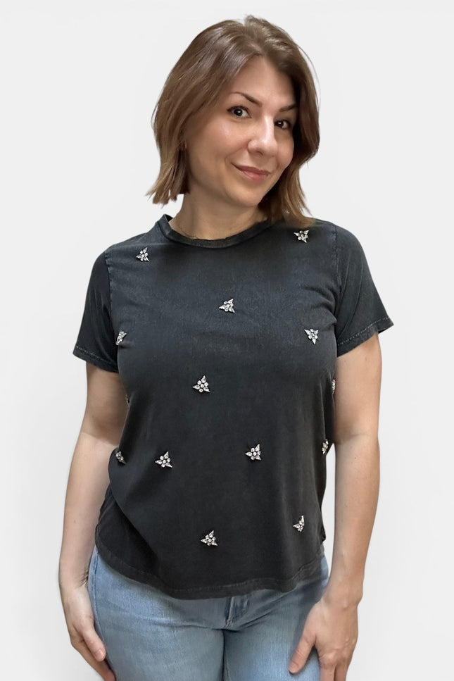 Black cotton T-shirt with scattered rhinestone embellishments and a classic crew neckline.