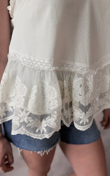 Close-up shot of the semi-sheer lace detailing, showing the dimension of the embroidery against the fully lined cotton bodice.