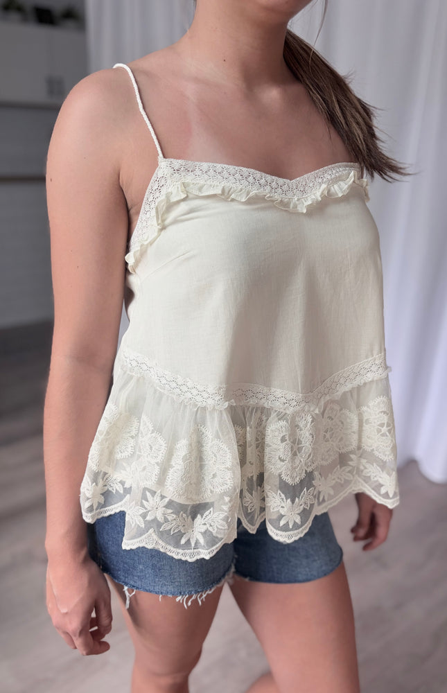 Close-up of the embroidered floral mesh lace panel and scalloped edges, highlighting the contrast lace detailing and breathable cotton texture.