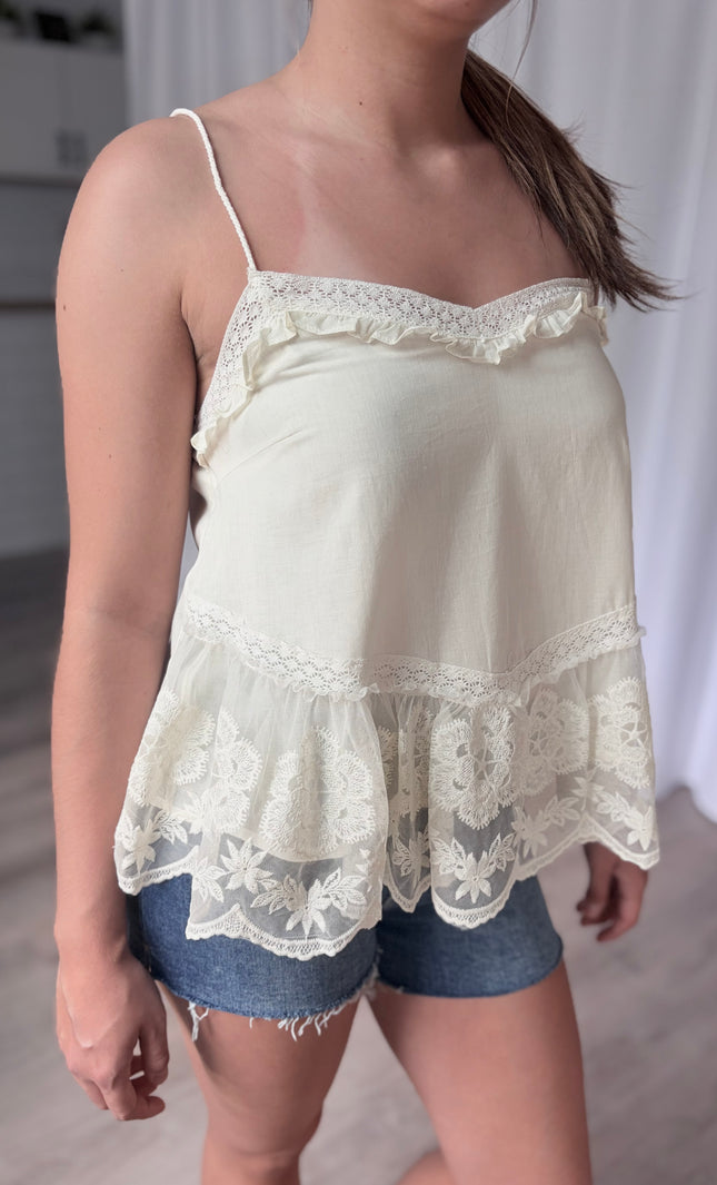 Close-up of the embroidered floral mesh lace panel and scalloped edges, highlighting the contrast lace detailing and breathable cotton texture.
