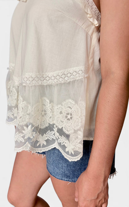 A close-up of a person wearing a cream-colored sheer mesh top with intricate white floral lace trim and ruffle details, paired with blue denim shorts.