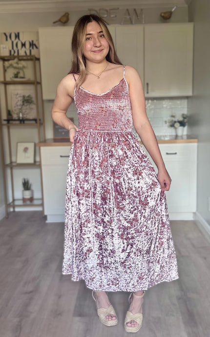 Rosalie velvet midi dress with embroidered details and smocked bodice