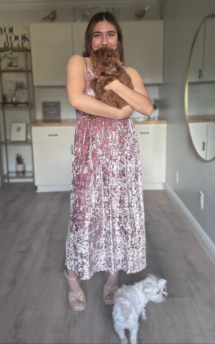 Rosalie velvet midi dress with embroidered details and smocked bodice