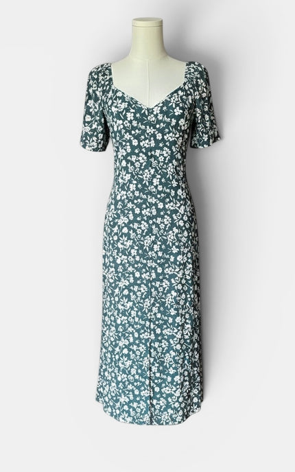 Teal floral rayon midi dress featuring a princess neckline, relaxed fit, and button-down front.