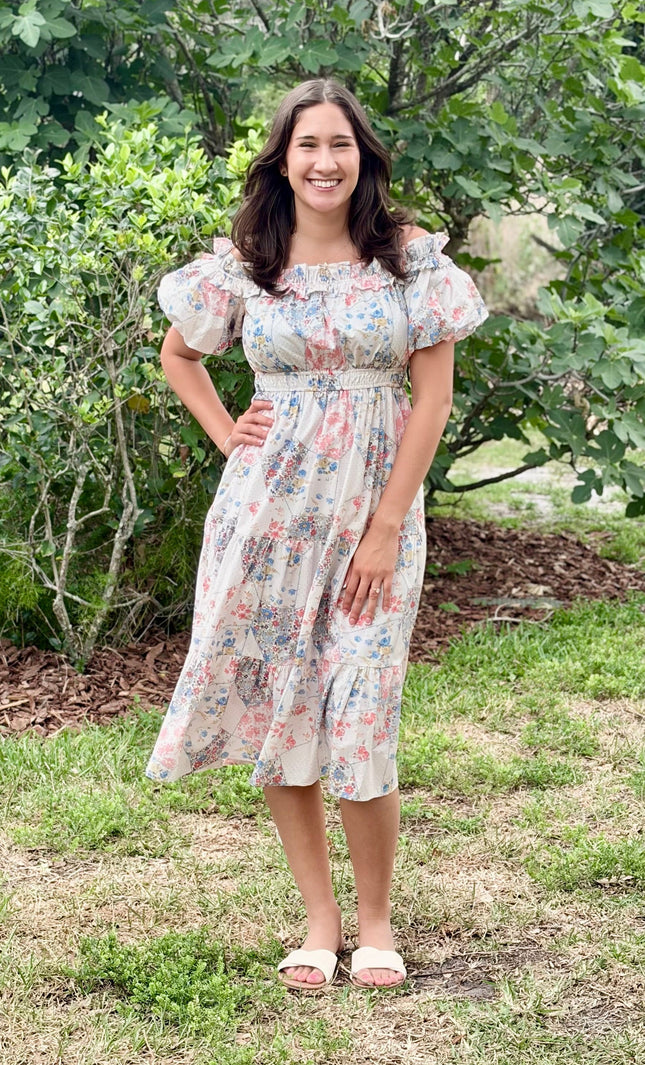 Floral print off-shoulder midi dress with puff sleeves, shirred elastic waist, and flowy tiered skirt in lightweight woven fabric