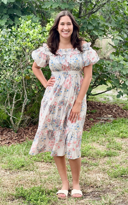 Floral print off-shoulder midi dress with puff sleeves, shirred elastic waist, and flowy tiered skirt in lightweight woven fabric