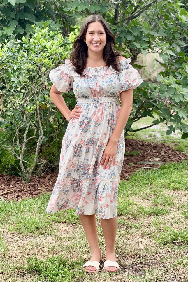 Floral print off-shoulder midi dress with puff sleeves, shirred elastic waist, and flowy tiered skirt in lightweight woven fabric