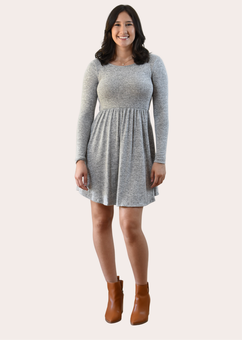 The Silver Mist Knit Dress in heather gray — soft brushed knit mini dress made in the USA from Justyna Grace Boutique.