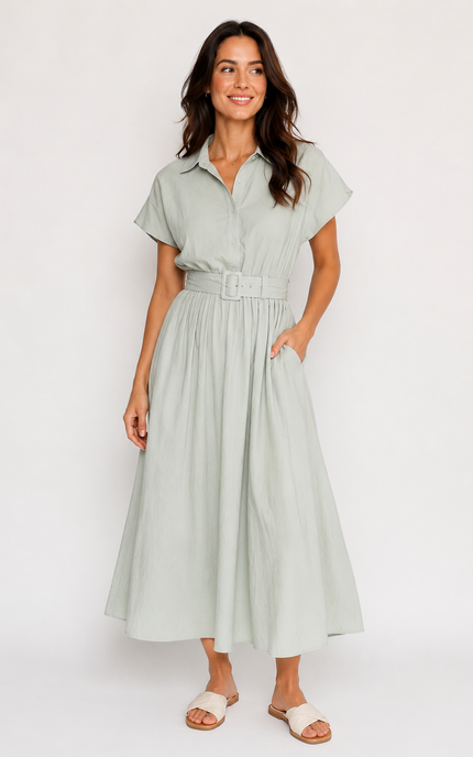 A woman modeling a light sage tencel green midi shirt dress with pockets and short sleeves, a buttoned collar, and a matching fabric belt with a square buckle, paired with white slide sandals against a plain light gray studio background.