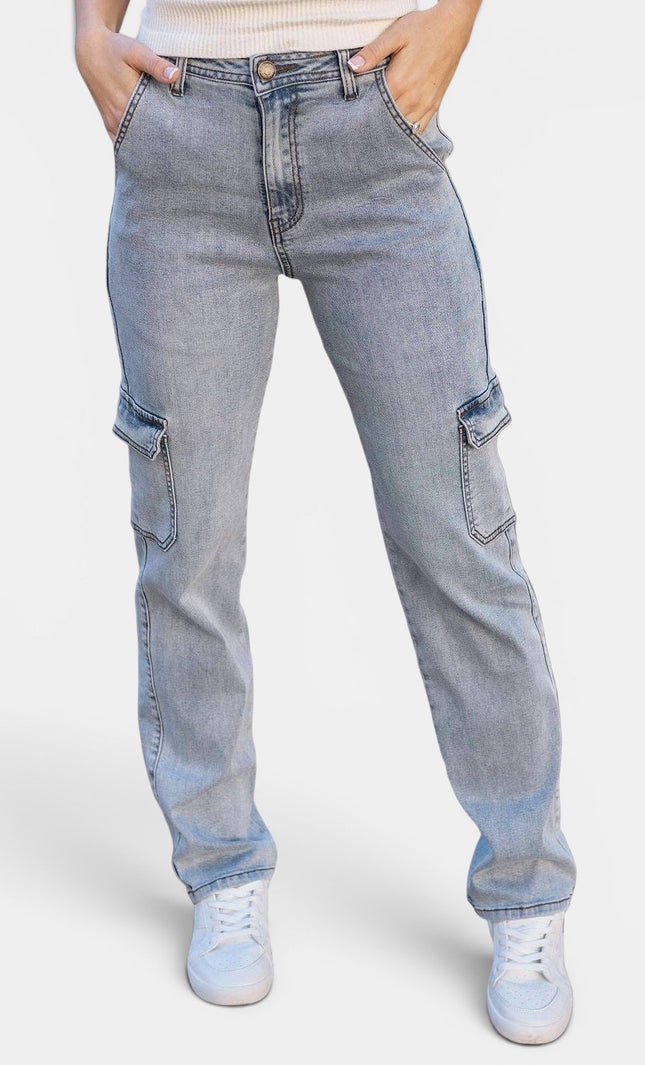 Light-wash Tencel cargo jeans with a high-rise waist and relaxed straight-leg fit.