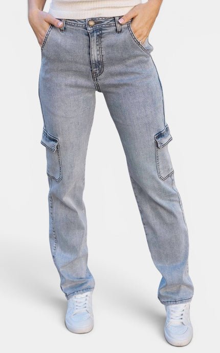 Light-wash Tencel cargo jeans with a high-rise waist and relaxed straight-leg fit.