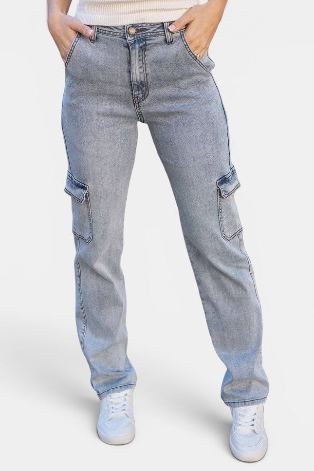 Light-wash Tencel cargo jeans with a high-rise waist and relaxed straight-leg fit.