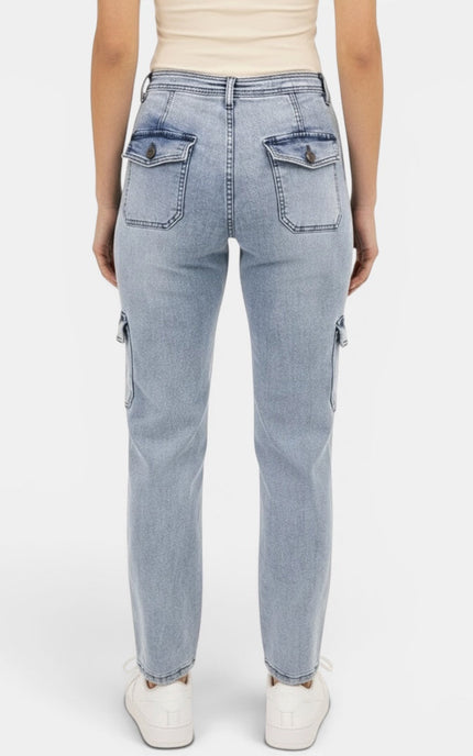 Back view of light-wash cargo jeans with utility pockets and a flattering high-rise fit.