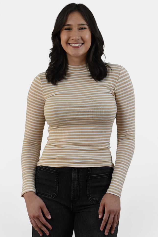 Front view of women's taupe and cream striped ribbed mock neck top.