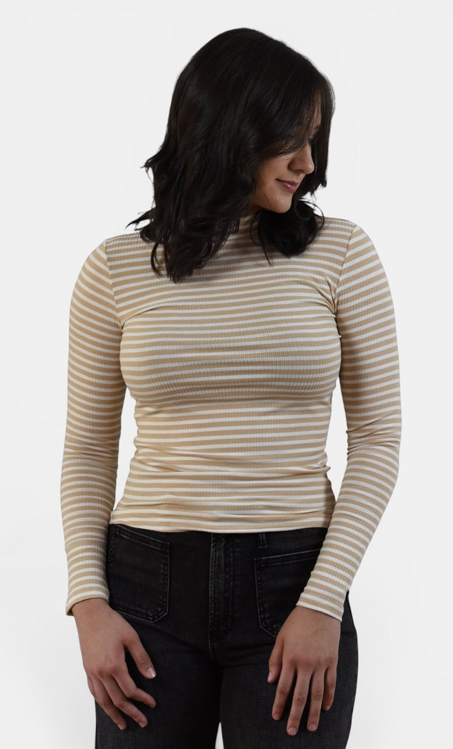 Women's striped mock neck long sleeve top with slim fit and ribbed knit.