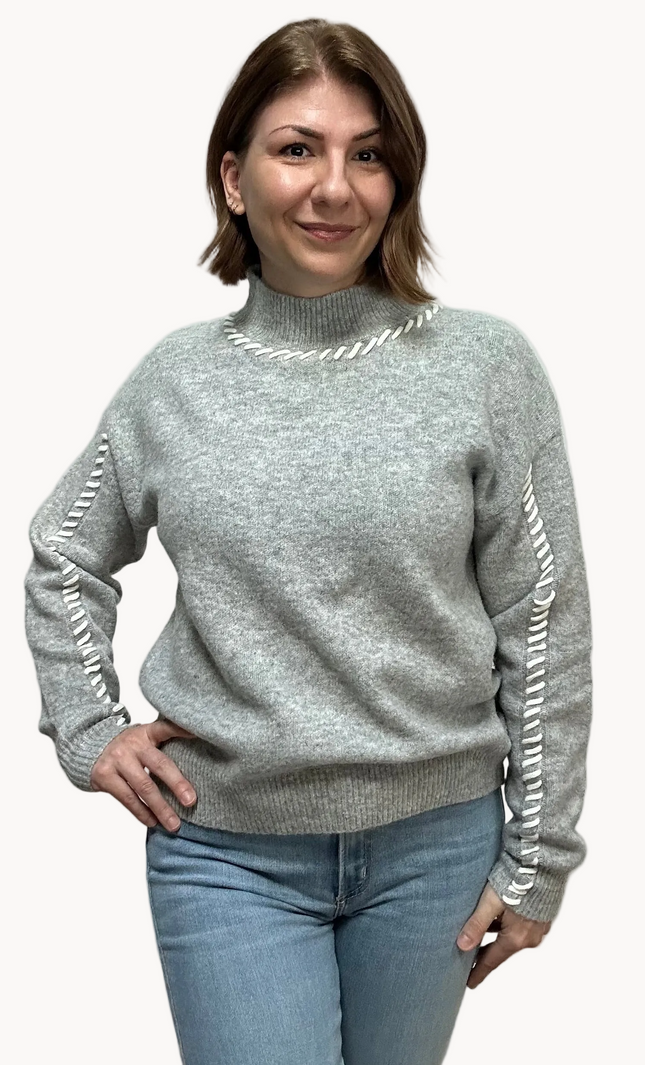 Heather grey crew-neck sweater with soft contrast stitching along the neckline and sleeves, midweight knit with stretch, photographed on a Soft Linen background for Justyna Grace Boutique.